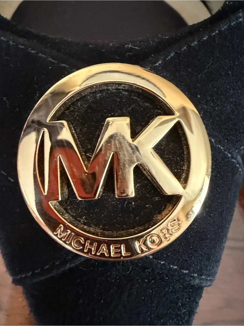 Michael Kors Caroline Black Suede Gold MK Logo Medallion Pointed Toe Pumps 9.5